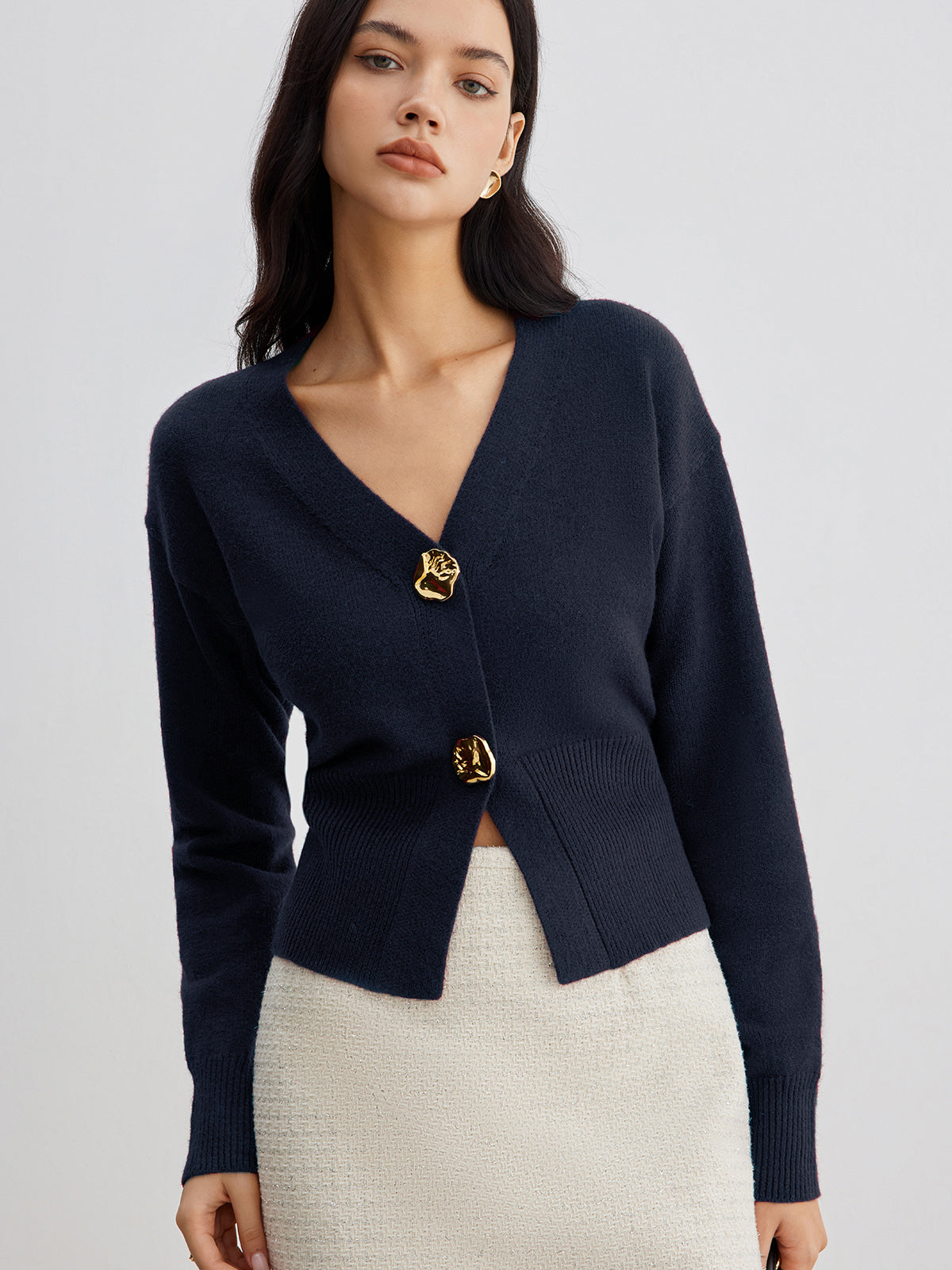 Button Front Knit Cardigan with Hip Length and Medium Stretch