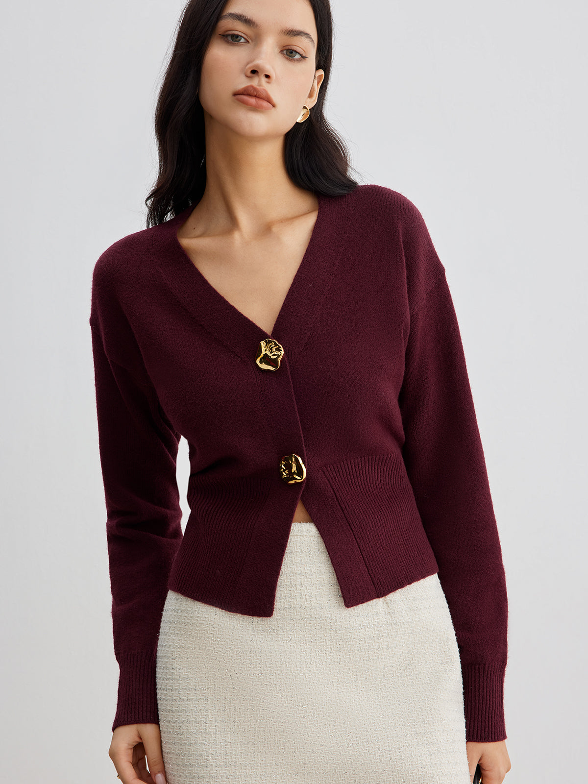 Button Front Knit Cardigan with Hip Length and Medium Stretch