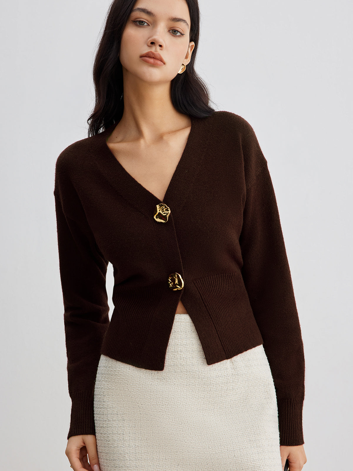 Button Front Knit Cardigan with Hip Length and Medium Stretch