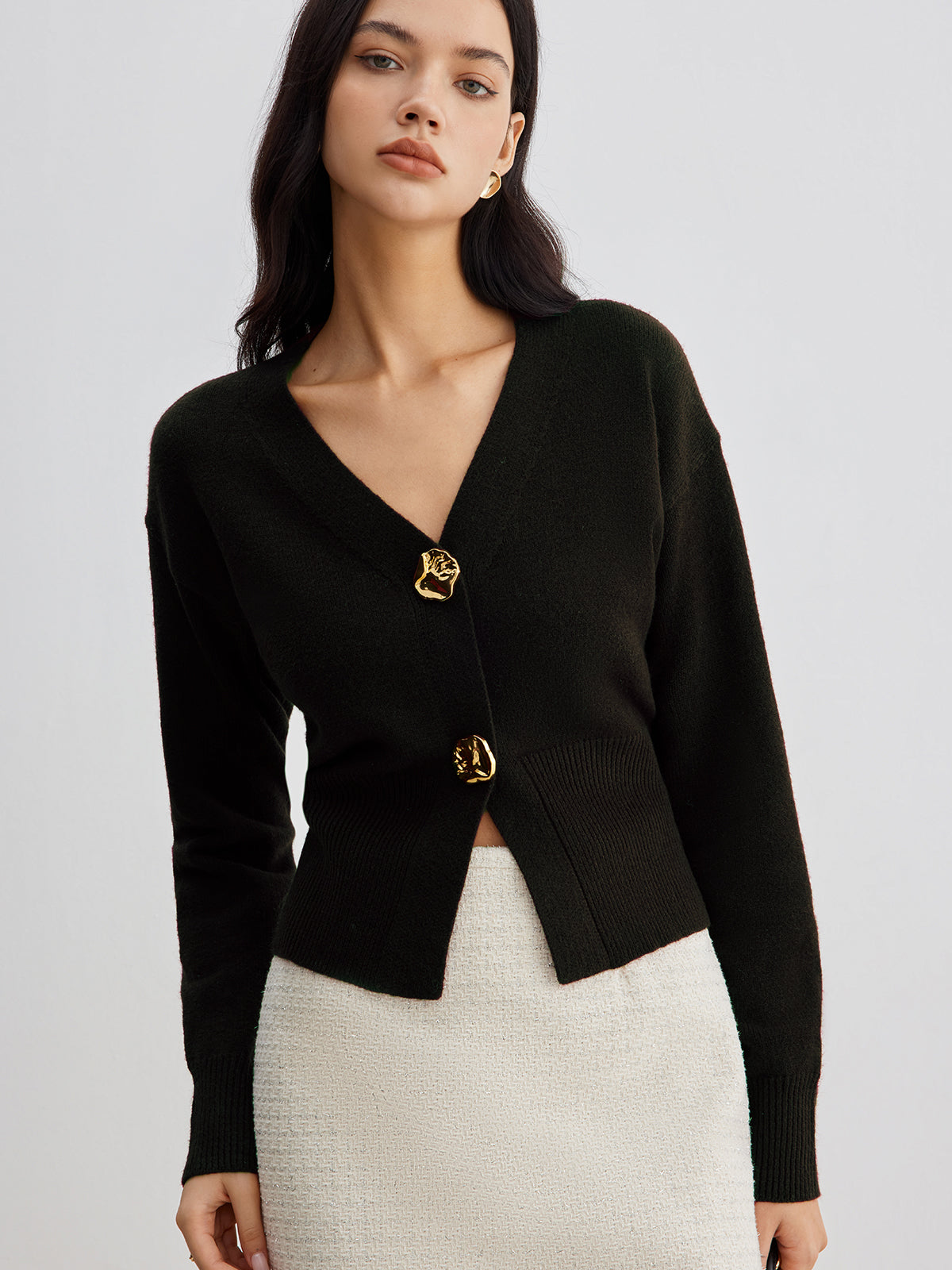 Button Front Knit Cardigan with Hip Length and Medium Stretch