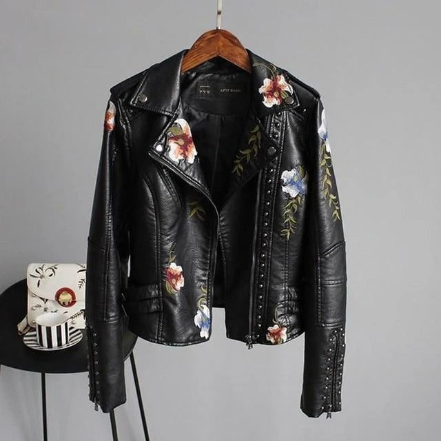 Cropped Moto Jacket with Floral Embroidery and Studded Trim, Faux Leather