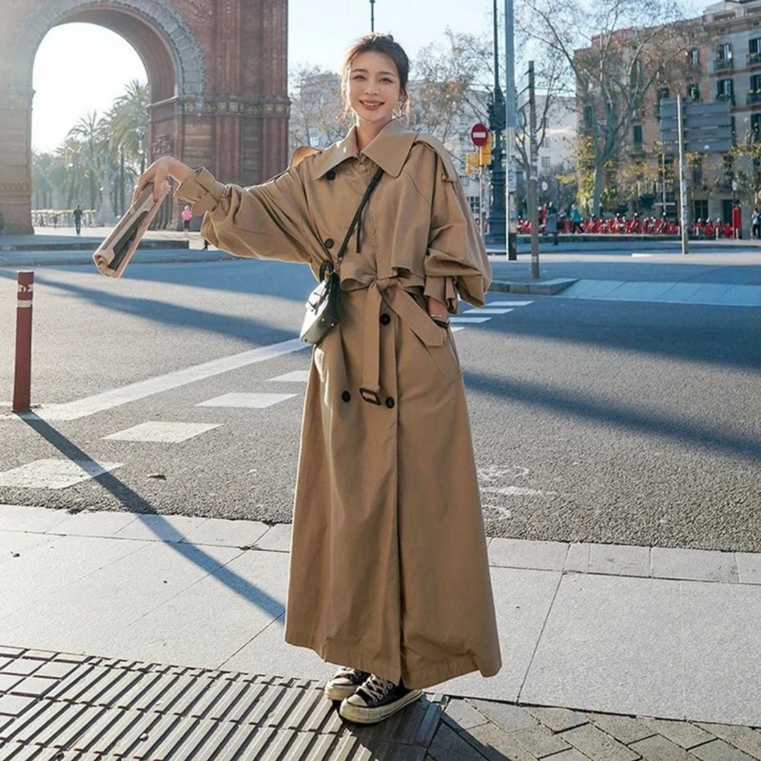 Women's Maxi Trench Coat with Adjustable Tie Belt and Oversize Fit