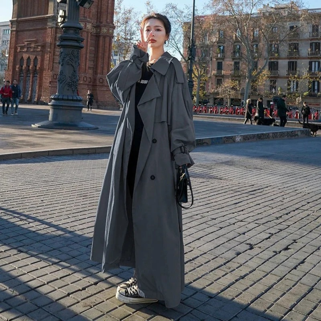 Women's Maxi Trench Coat with Adjustable Tie Belt and Oversize Fit