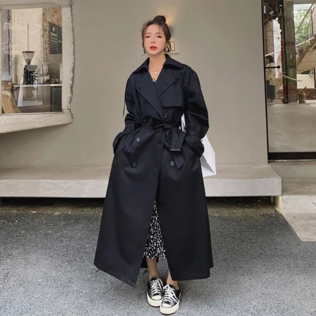 Women's Maxi Trench Coat with Adjustable Tie Belt and Oversize Fit