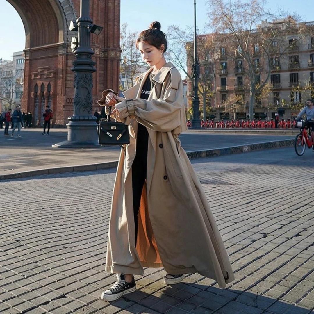 Women's Maxi Trench Coat with Adjustable Tie Belt and Oversize Fit