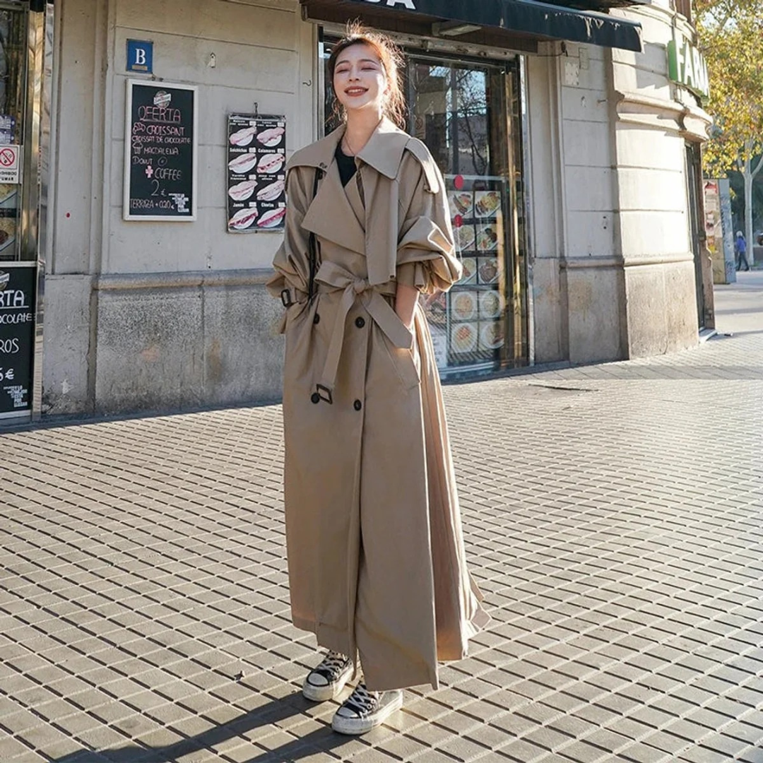 Women's Maxi Trench Coat with Adjustable Tie Belt and Oversize Fit