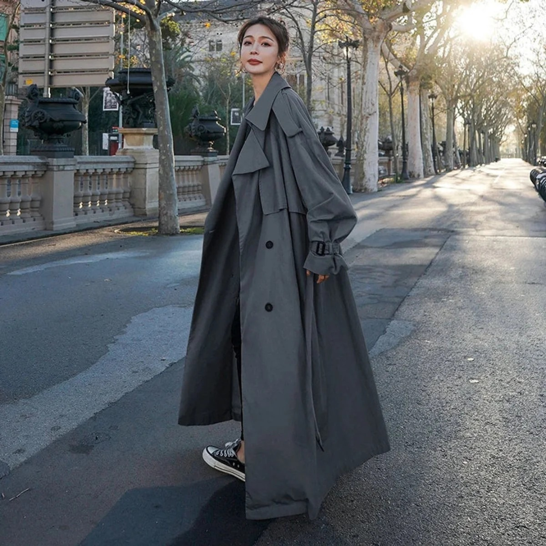 Women's Maxi Trench Coat with Adjustable Tie Belt and Oversize Fit