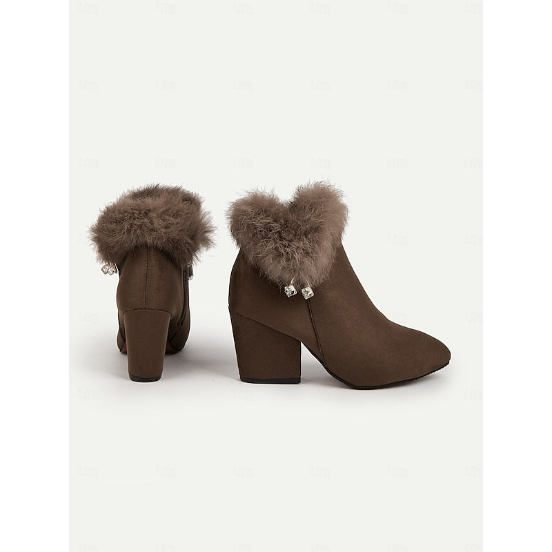 Pointed Toe Ankle Boots with Plush Collar and Side Zip Block Heel