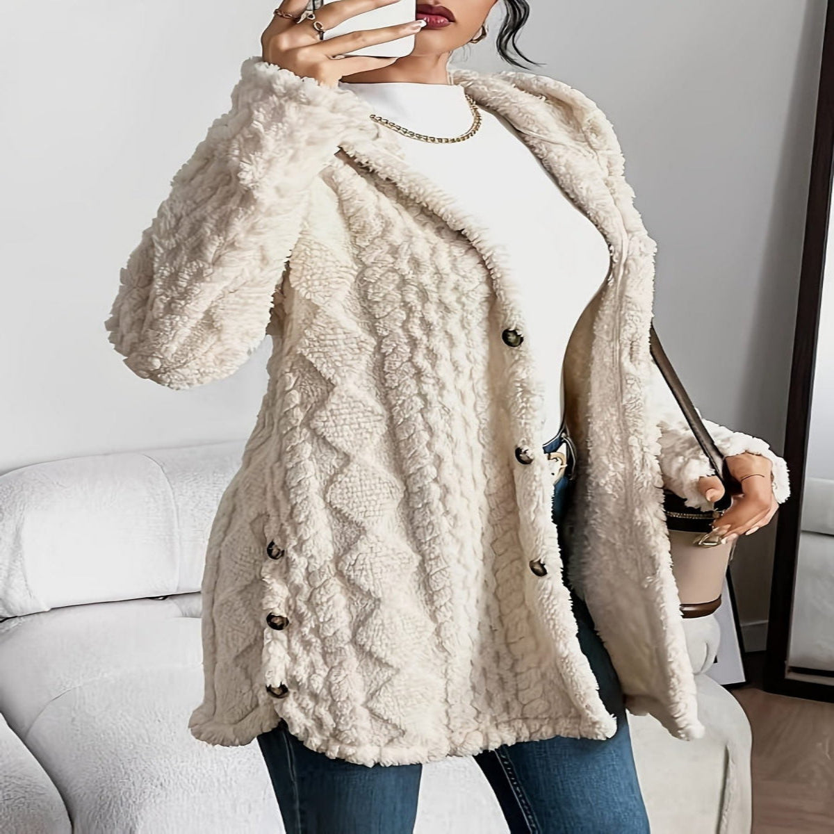 Oversized Plush Hooded Cardigan for Women