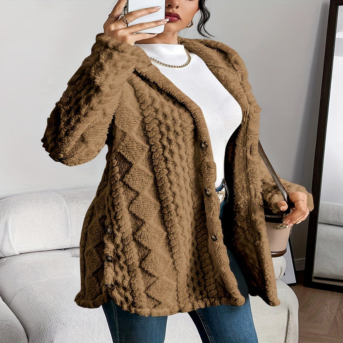 Oversized Plush Hooded Cardigan for Women - Brown
