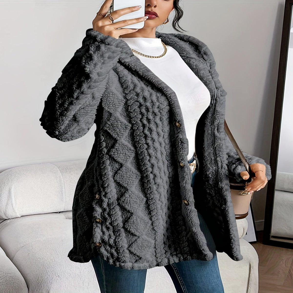 Oversized Plush Hooded Cardigan for Women - Gray