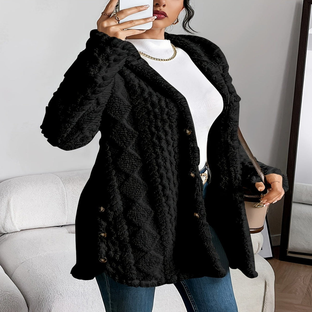 Oversized Plush Hooded Cardigan for Women - Black