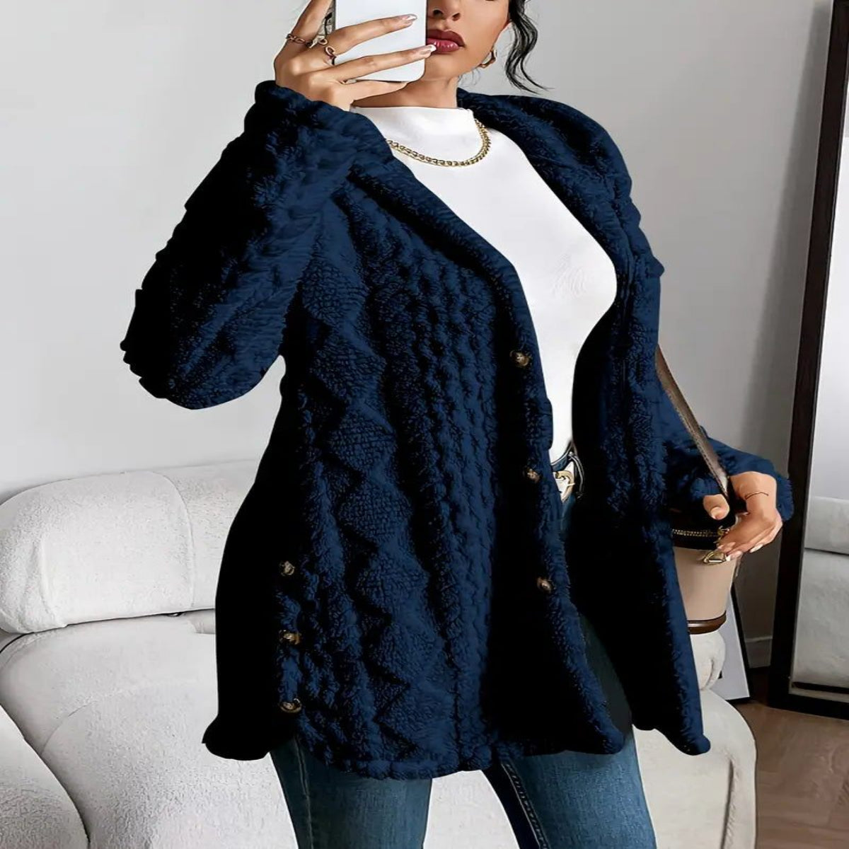 Oversized Plush Hooded Cardigan for Women - Navy Blue