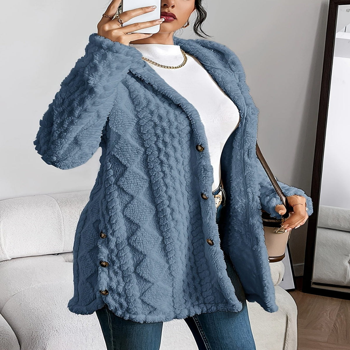 Oversized Plush Hooded Cardigan for Women - Denim Blue