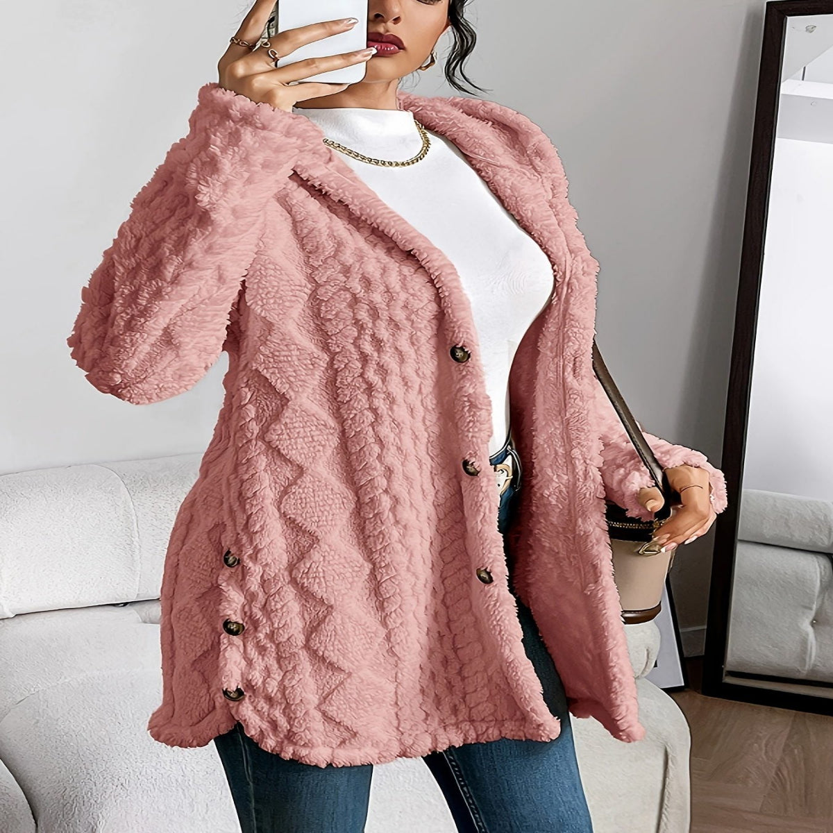 Oversized Plush Hooded Cardigan for Women - Pink