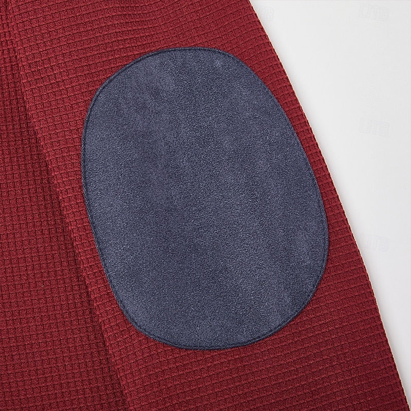 Textured Quarter Zip Pullover with Elbow Patches and Chest Pocket, Ribbed Cuffs