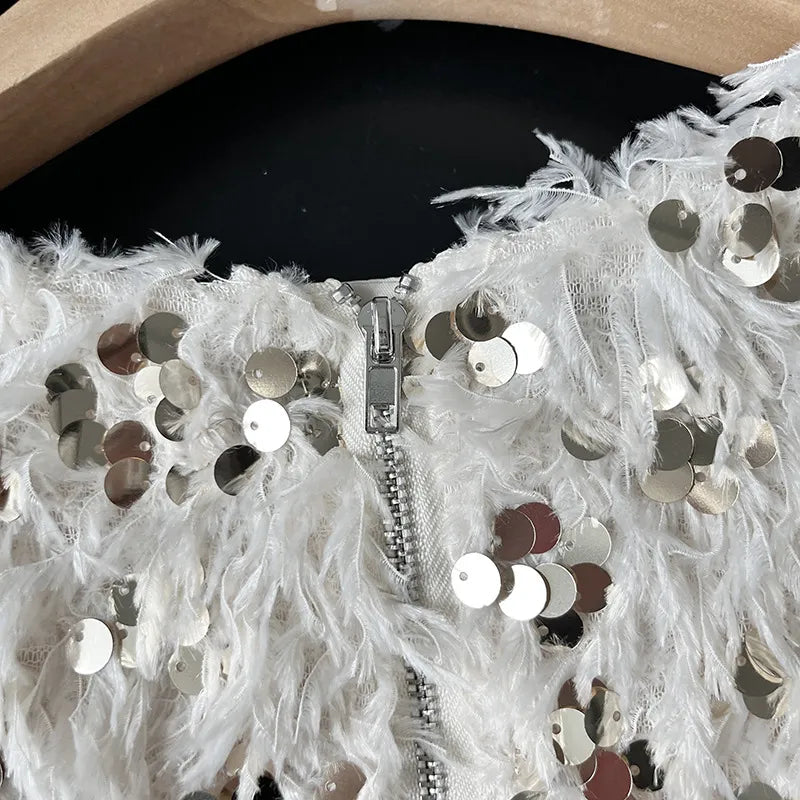 Women’s Embellished Feather-Effect Blouse with Sequin Detail – Refined Evening Style