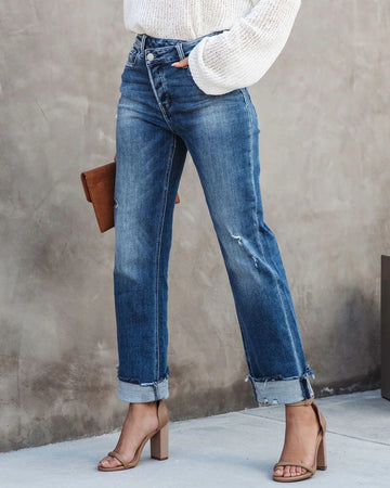 Women's High Waist Straight Leg Jeans - Distressed Detail - Cuffed Hem