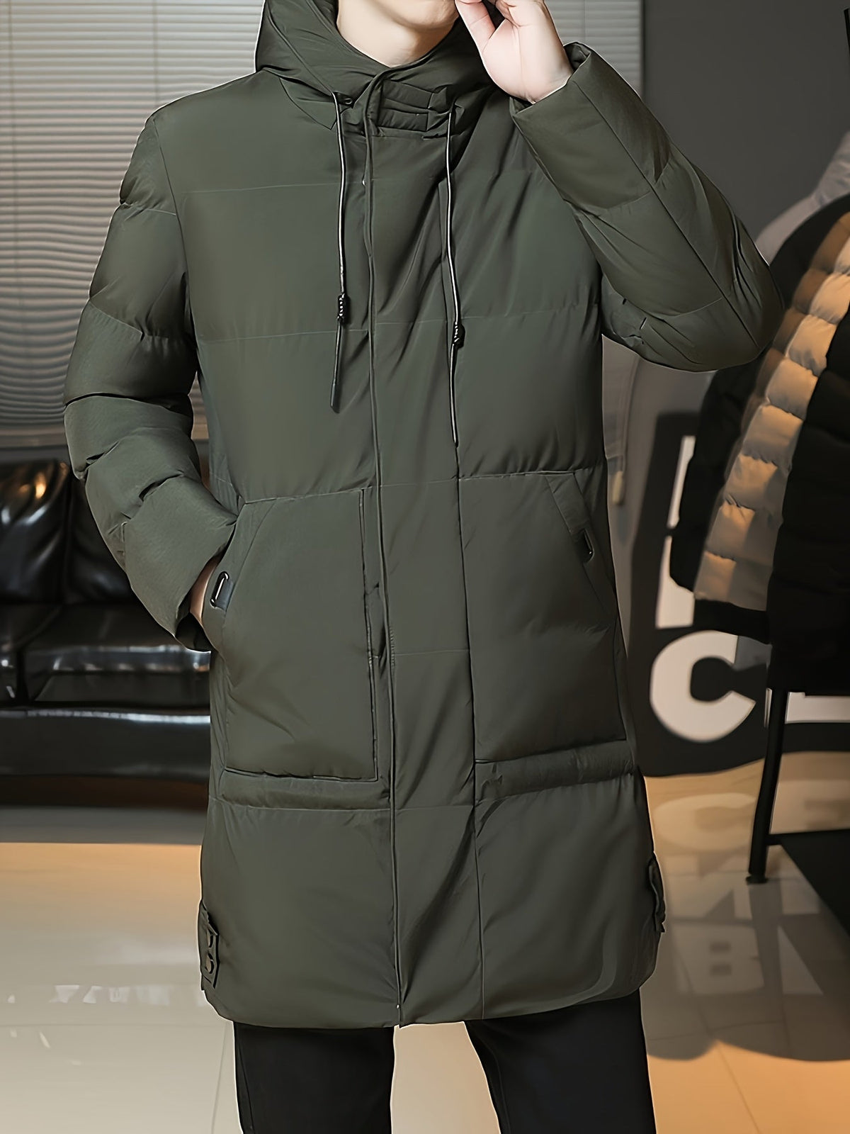 Padded Longline Coat with Adjustable Hood and Full Zipper