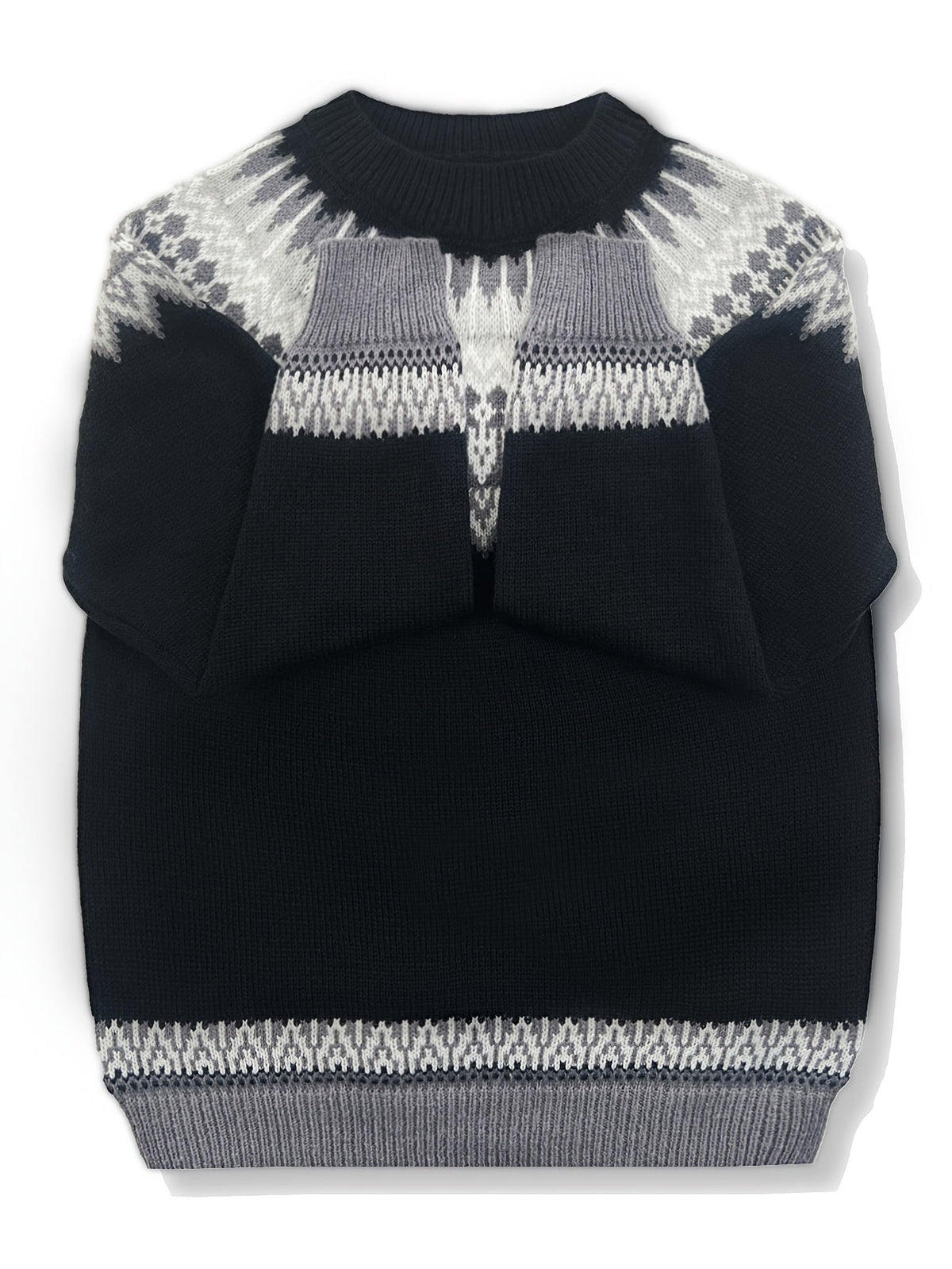 Chunky Knit Sweater with Jacquard Weave Pattern and Round Neck, Hip Length
