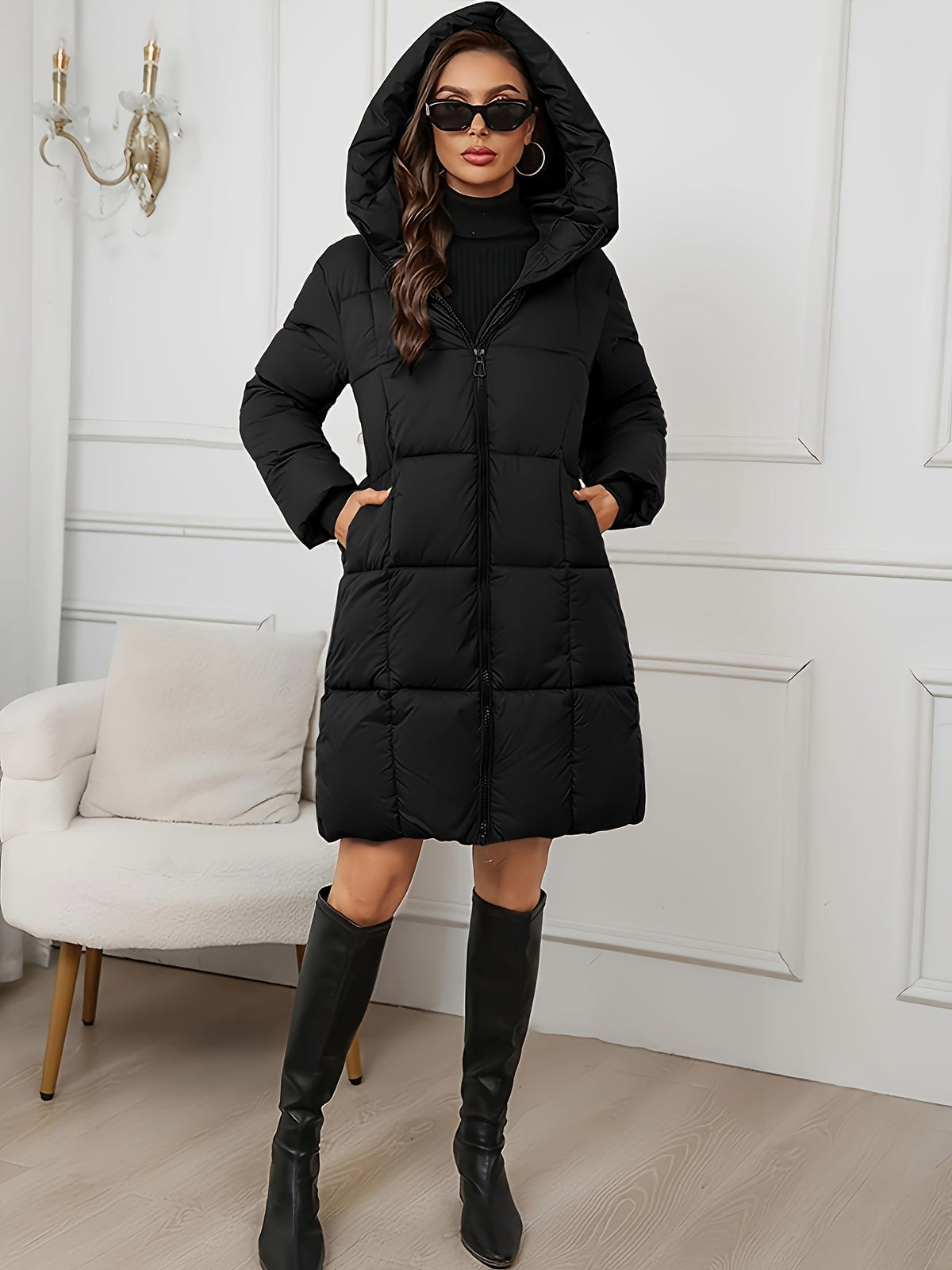 Longline Quilted Coat with Adjustable Drawstring Hood and Side Pockets