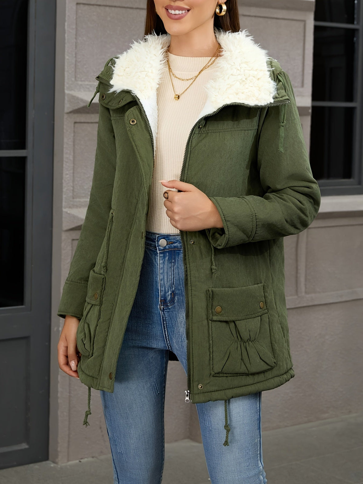 Women's Mid Length Parka with Snap Button Closure and Plush Lining, Adjustable Drawstring