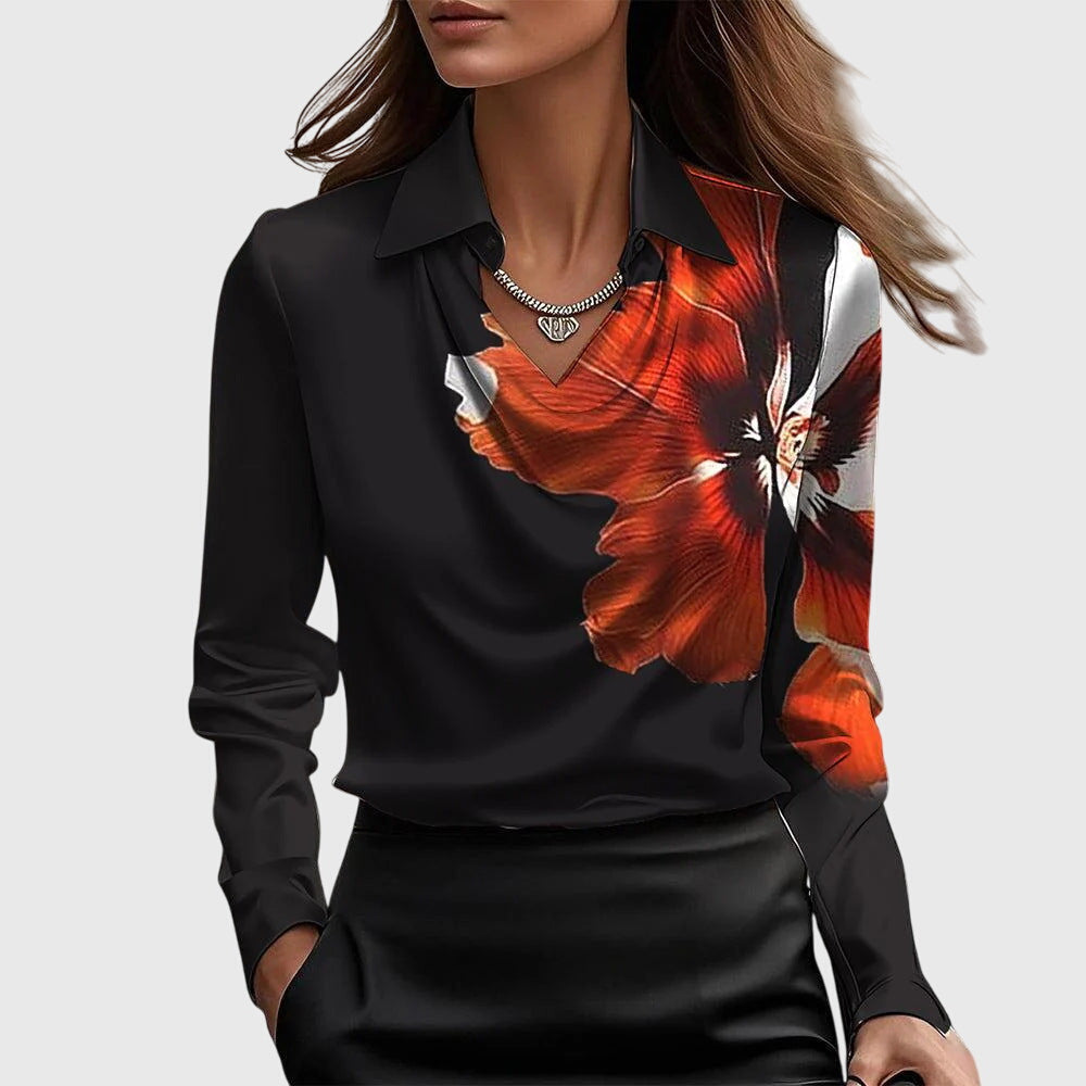 Women's Relaxed Fit Blouse with Draped Neckline and Defined Waist