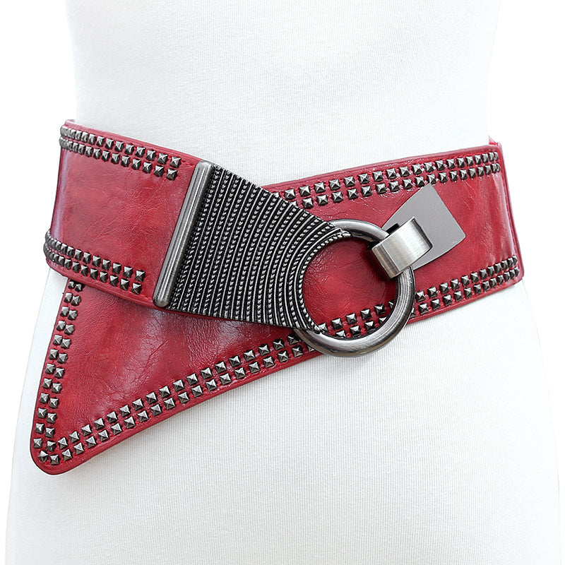 Women's Wide Studded Belt with Ring Buckle - Elastic Waist Belt