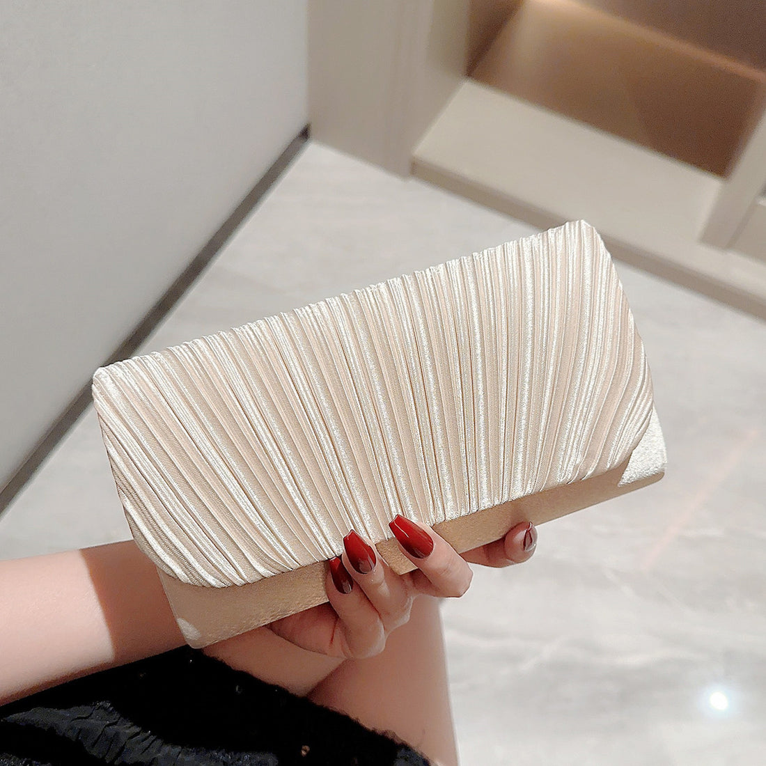 Women's Pleated Satin Clutch Bag Envelope with Flap Closure