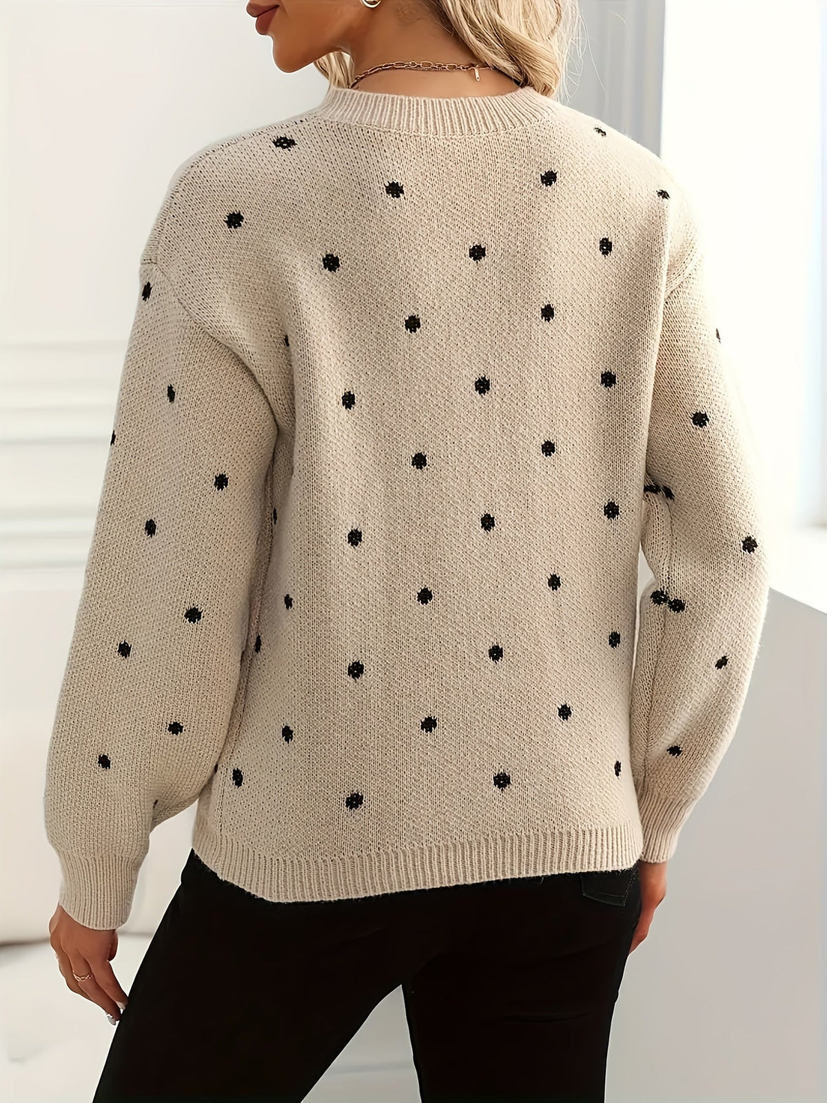 Polka Dot Crew Neck Sweater with Light Stretch and Ribbed Cuffs, Relaxed Fit