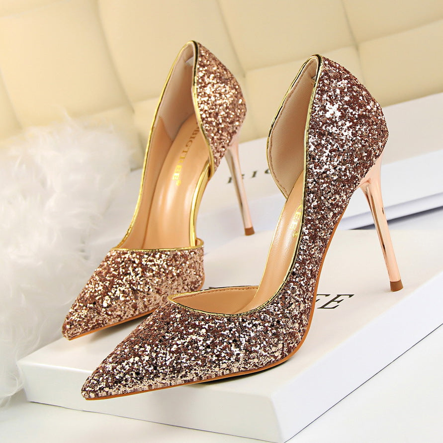 Women's Glitter Stiletto Heels - Pointed Toe - D'Orsay Cut - Slip On