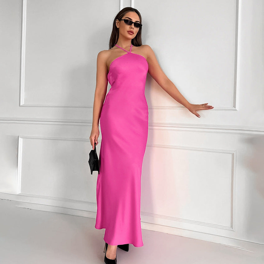 Women's Halter Neck Maxi Dress with Crisscross Straps and Satin Finish