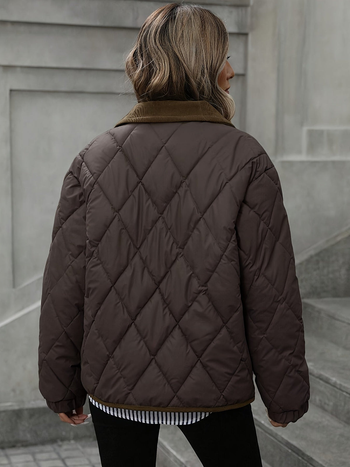 Quilted Jacket with Diamond Stitching and Button Front, Contrast Trim