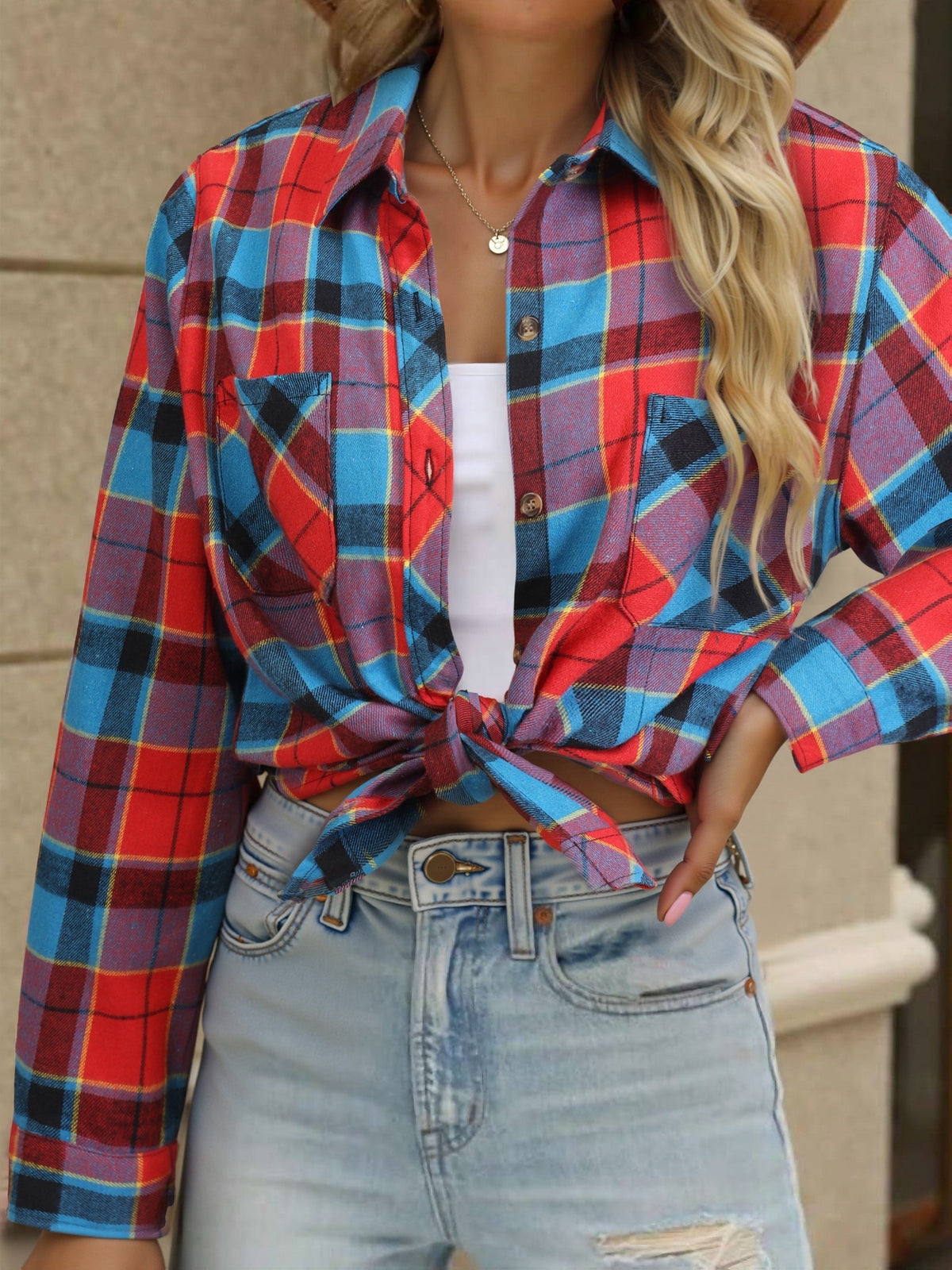 Button Up Buffalo Check Shirt with Chest Pockets and Relaxed Fit