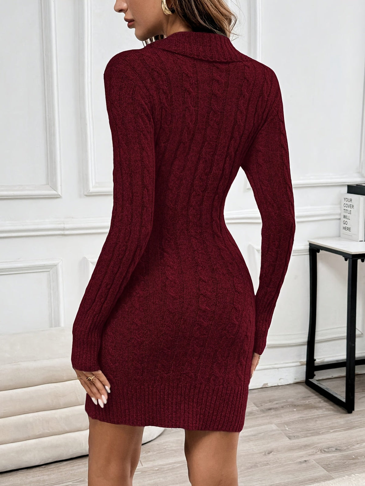 Knee Length Cable Knit Dress with Crossover V Neckline and Functional Side Buttons