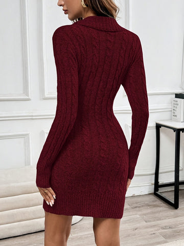 Knee Length Cable Knit Dress with Crossover V Neckline and Functional Side Buttons
