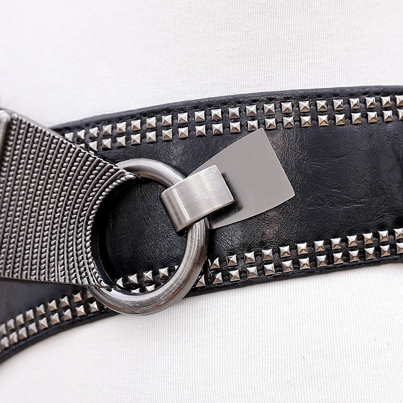 Women's Wide Studded Belt with Ring Buckle - Elastic Waist Belt