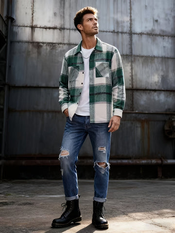 Check Grid Button Front Overshirt with Chest Pockets and Adjustable Cuffs