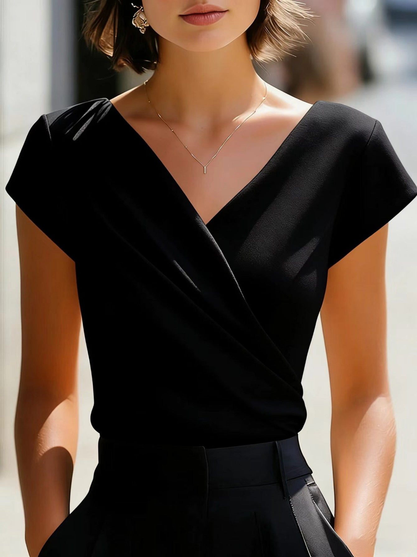 Women's V-Neck Cap Sleeve Crossover Draped Wrap Blouse