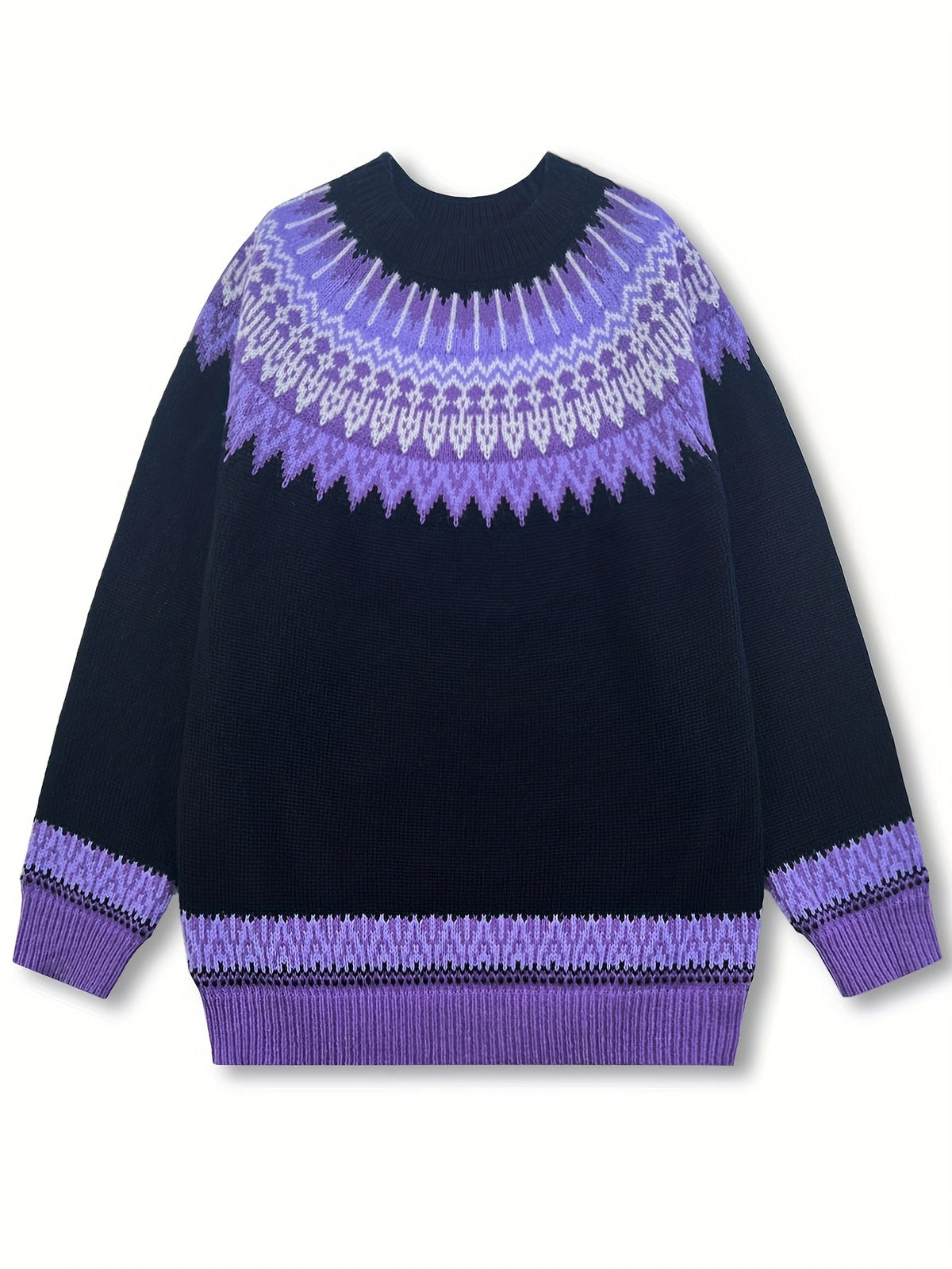 Chunky Knit Sweater with Jacquard Weave Pattern and Round Neck, Hip Length