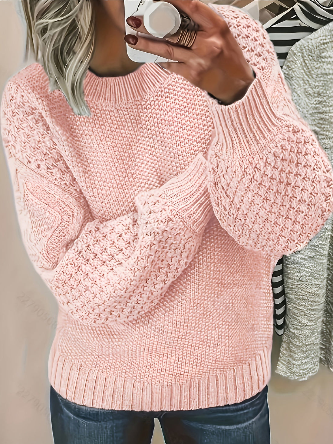 Oversized Knit Sweater with Lantern Sleeves and Hip Length