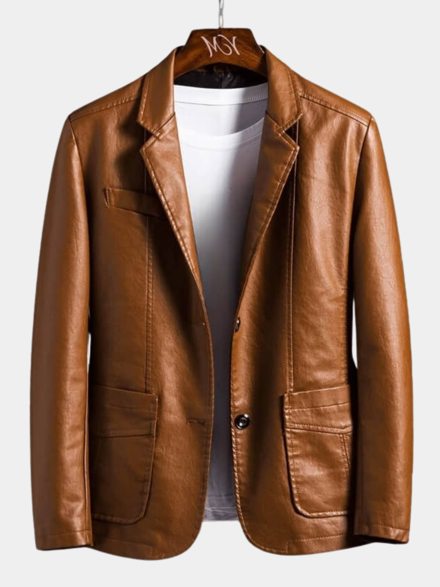 Women's Tailored Blazer with Notch Lapels and Three-Button Cuffs, Faux Leather