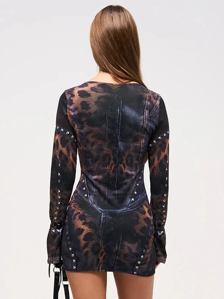 Women's Tie Dye Faux Leather Studded Corset Long Sleeve Mini Dress