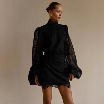 Women's High Neck Lace Bell Sleeve Top and Mini Skirt Two Piece Set