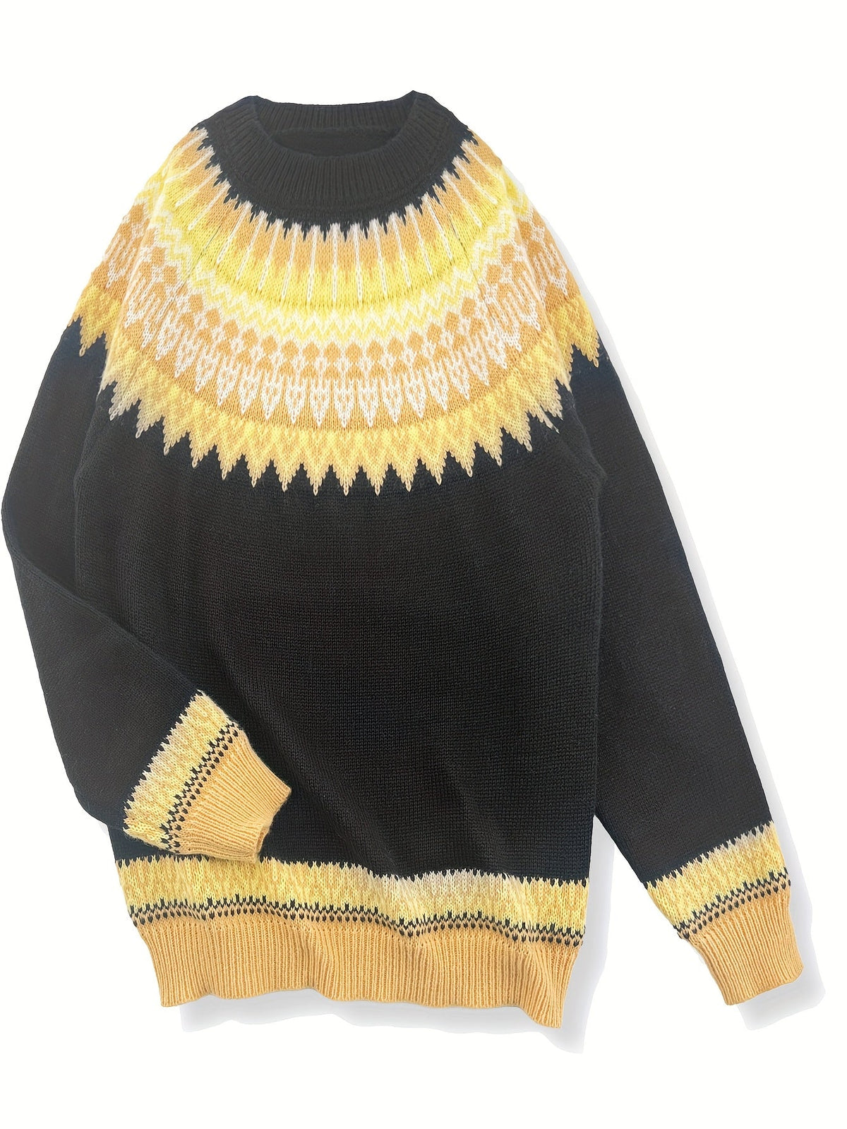 Chunky Knit Sweater with Jacquard Weave Pattern and Round Neck, Hip Length