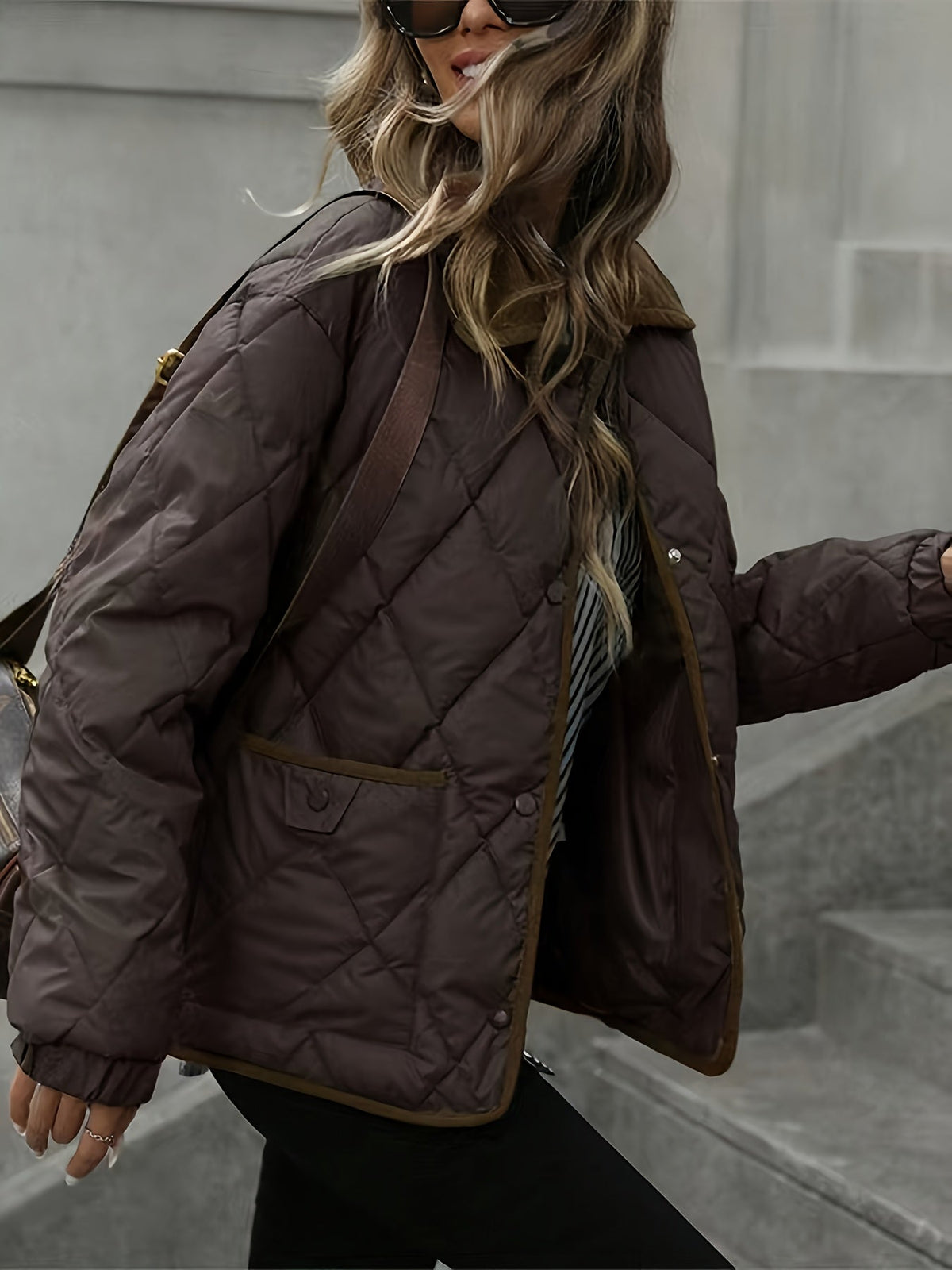 Quilted Jacket with Diamond Stitching and Button Front, Contrast Trim