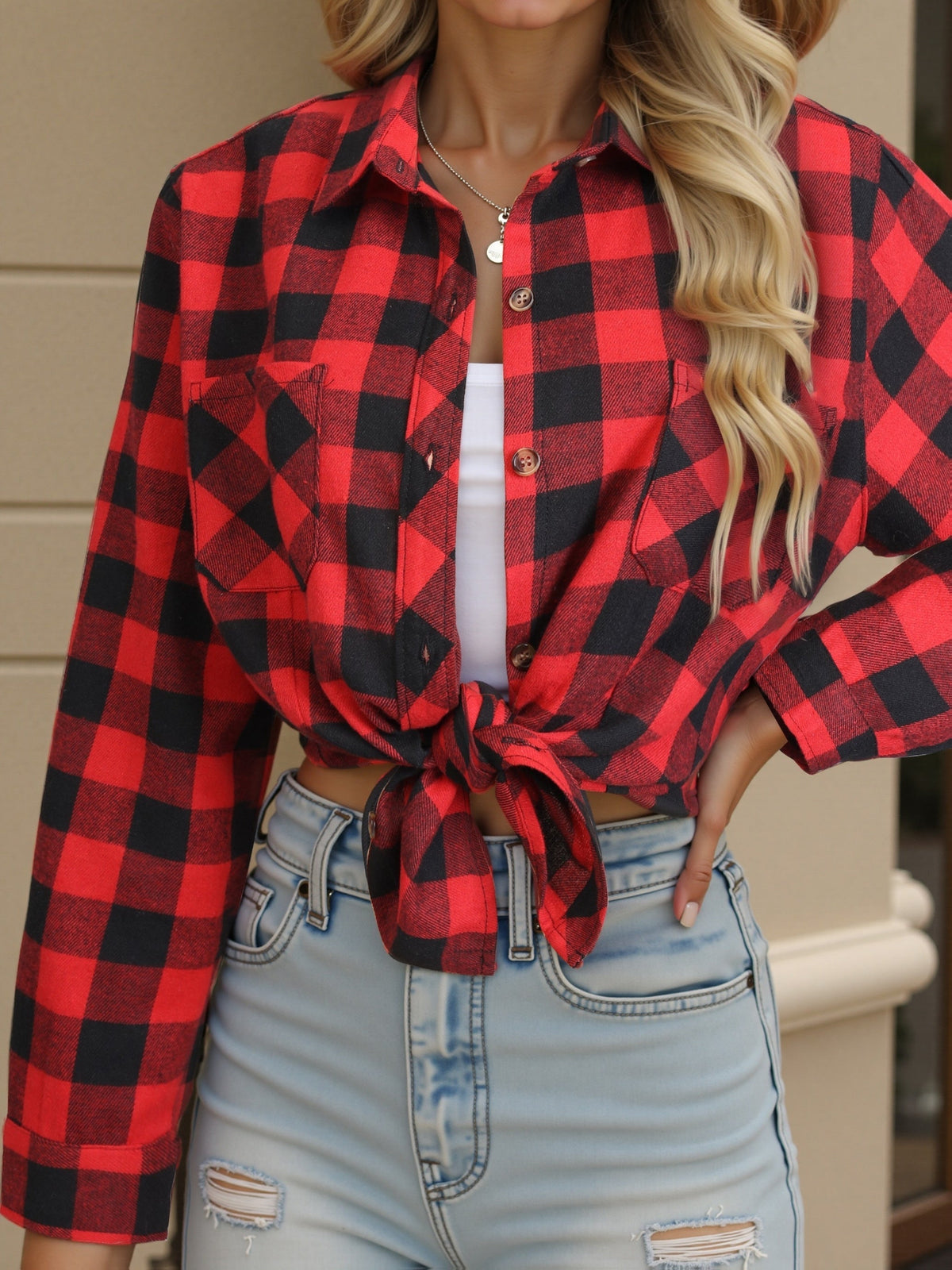 Button Up Buffalo Check Shirt with Chest Pockets and Relaxed Fit