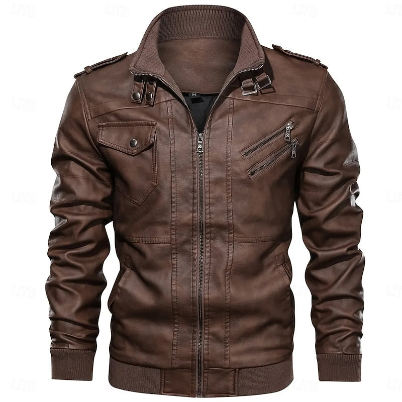 Full Zip Biker Jacket with Stand Collar and Ribbed Cuffs
