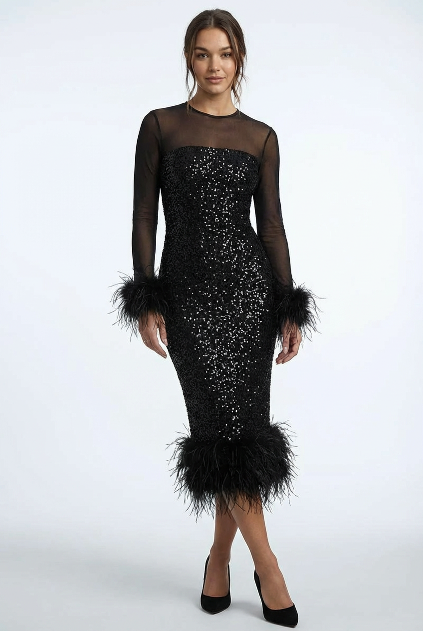 Women's Sequin Midi Dress - Sheer Mesh Long Sleeve - Feather Trim