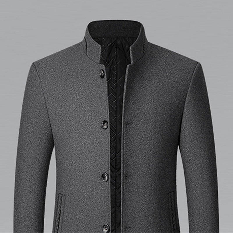 Men's Overcoat with Insulated Lining and Stand Collar, Mid-Thigh Length